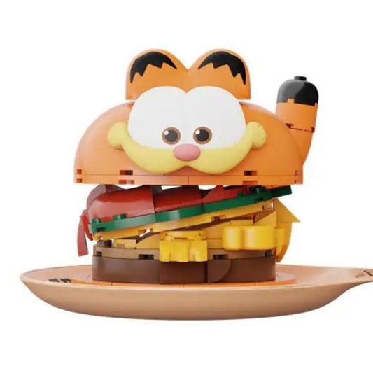 Close-up front angle of the brick-built Garfield mini-figure holding a giant hamburger.