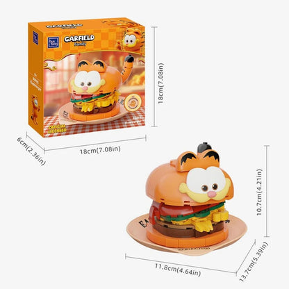 Detailed dimensions and size guide for the Pantasy Garfield Hamburger building model and collector box.