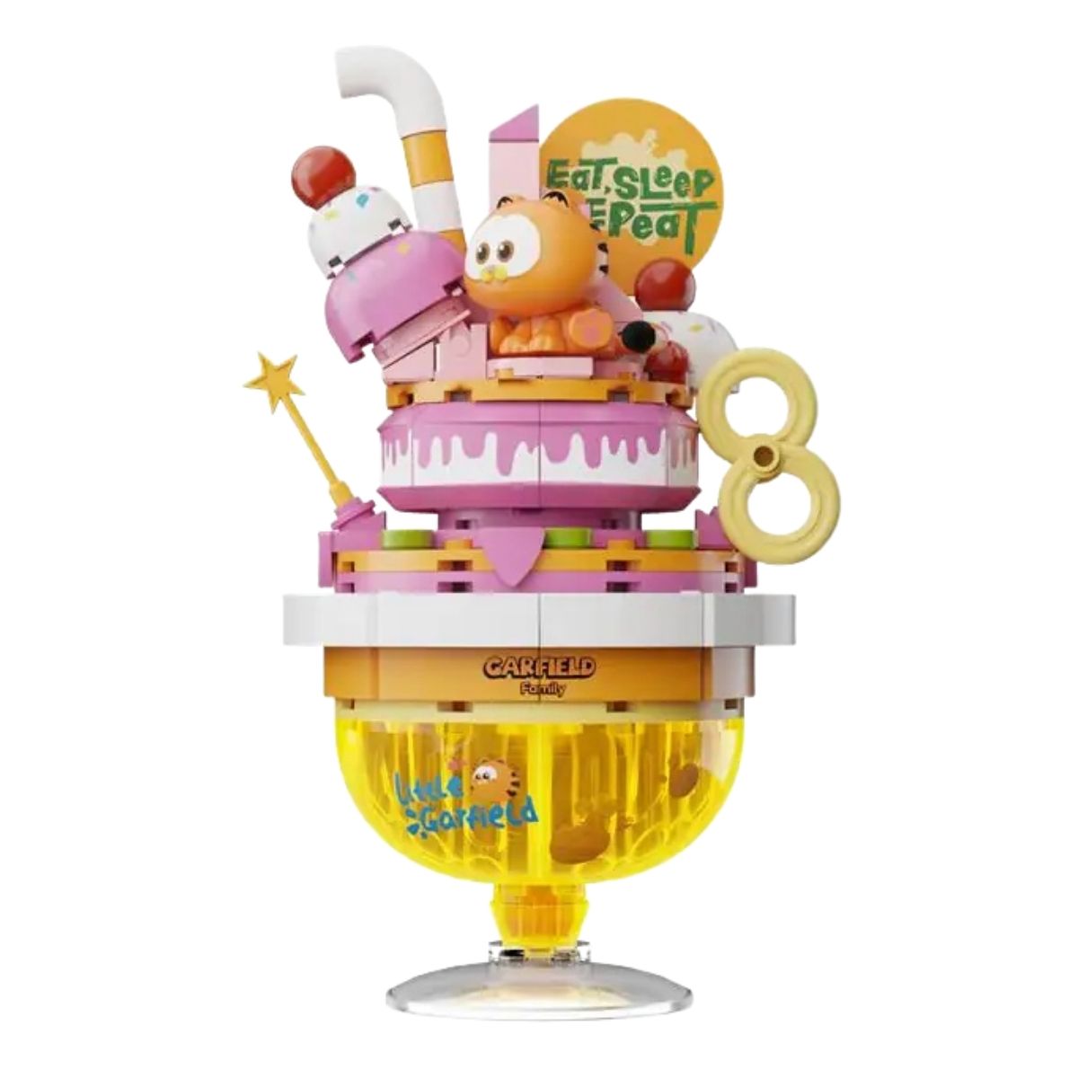 Side angle of the assembled Pantasy Garfield mini-figure enjoying a giant special drink.