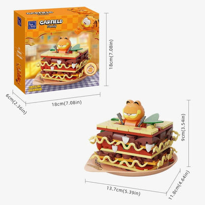 Detailed dimensions and size guide for the Pantasy Garfield Lasagna building block model and collector box.