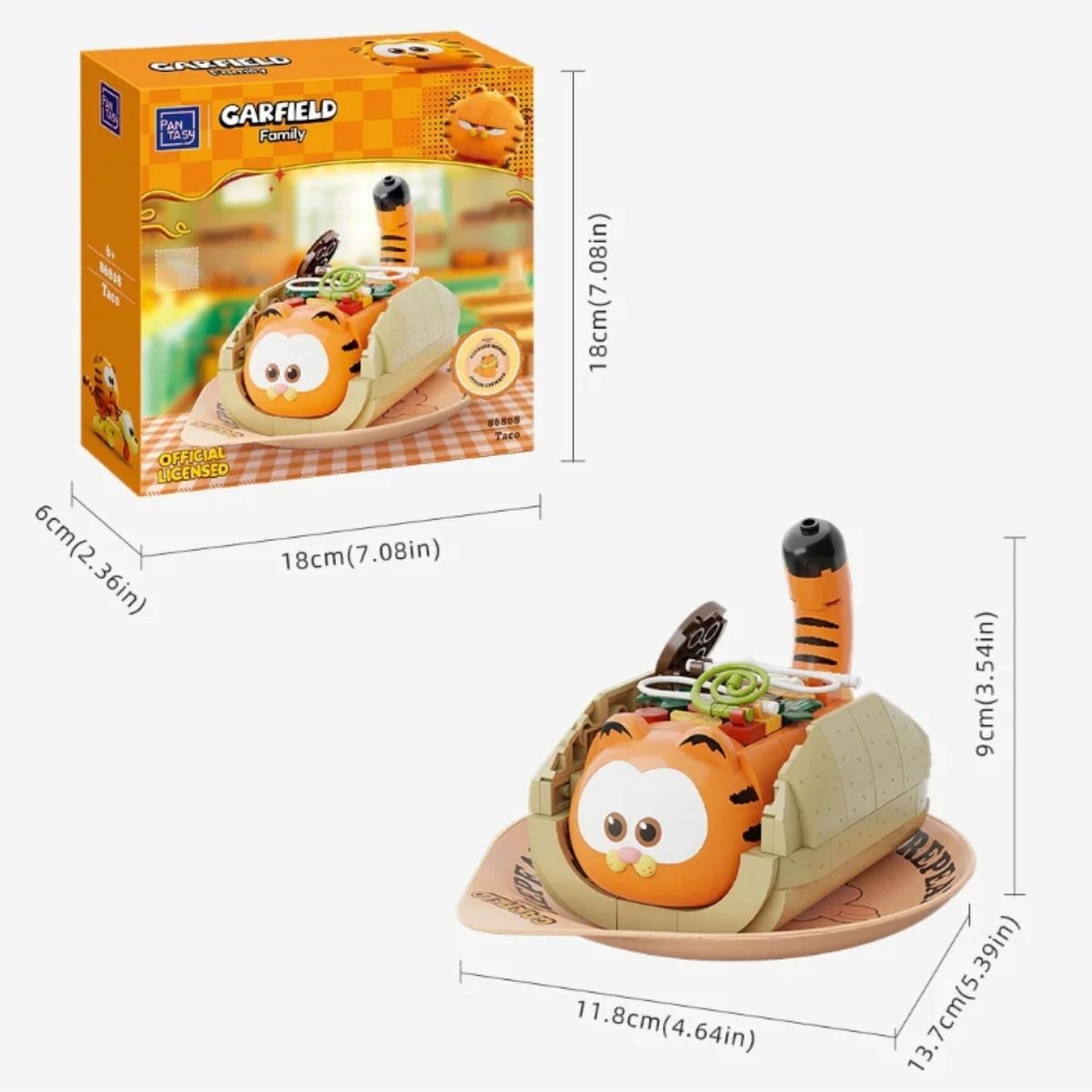 Side view showing the assembled dimensions of the Pantasy Garfield Taco block model.