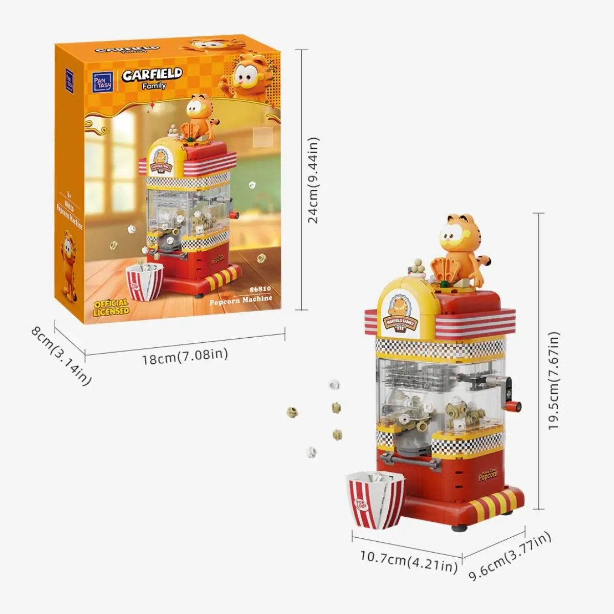 Detailed dimensions and size guide for the Pantasy Garfield Popcorn Machine building block model.