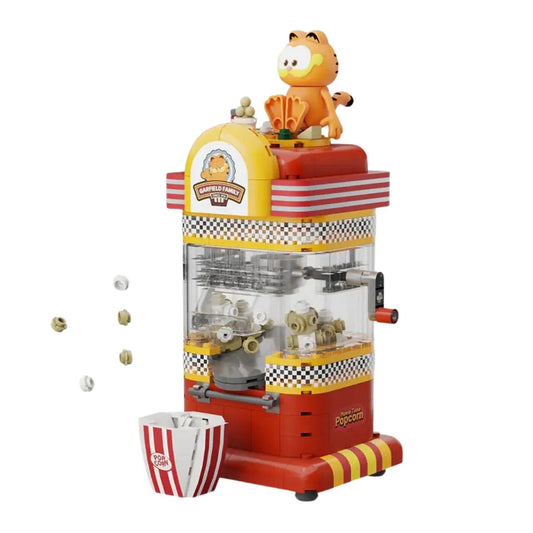 Side angle of the assembled Pantasy Garfield mini-figure standing with the retro popcorn machine.