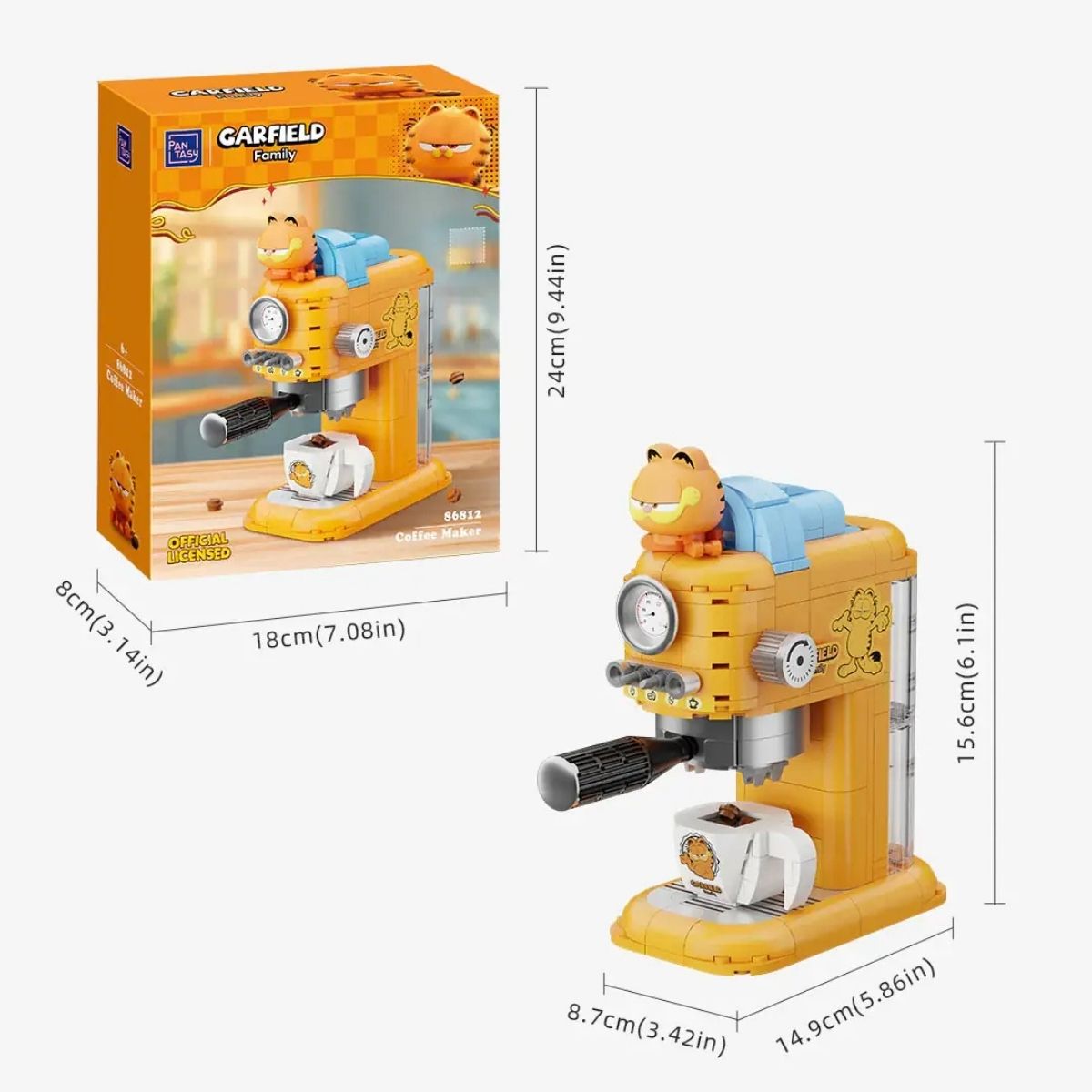 Detailed dimensions and size guide for the Pantasy Garfield Coffee Maker building block model.
