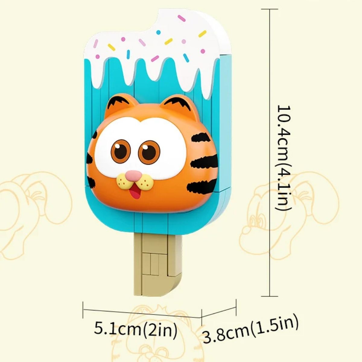 Dimension graphic for the Pantasy Garfield popsicle magnet set showing it is 10.4cm tall, 5.1cm wide, and 3.8cm deep.