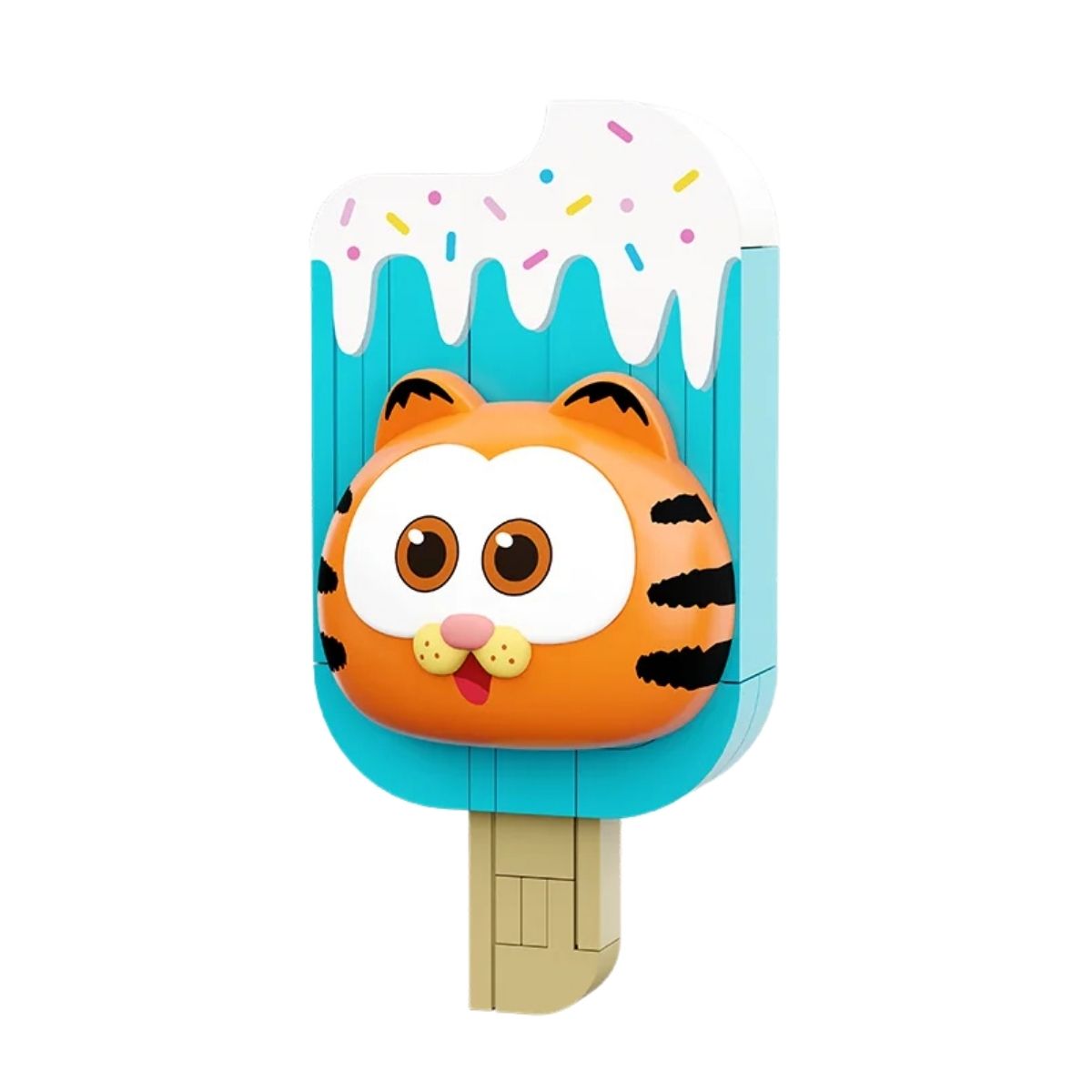 The fully assembled Pantasy The Garfield Movie popsicle building block fridge magnet with colorful sprinkles.