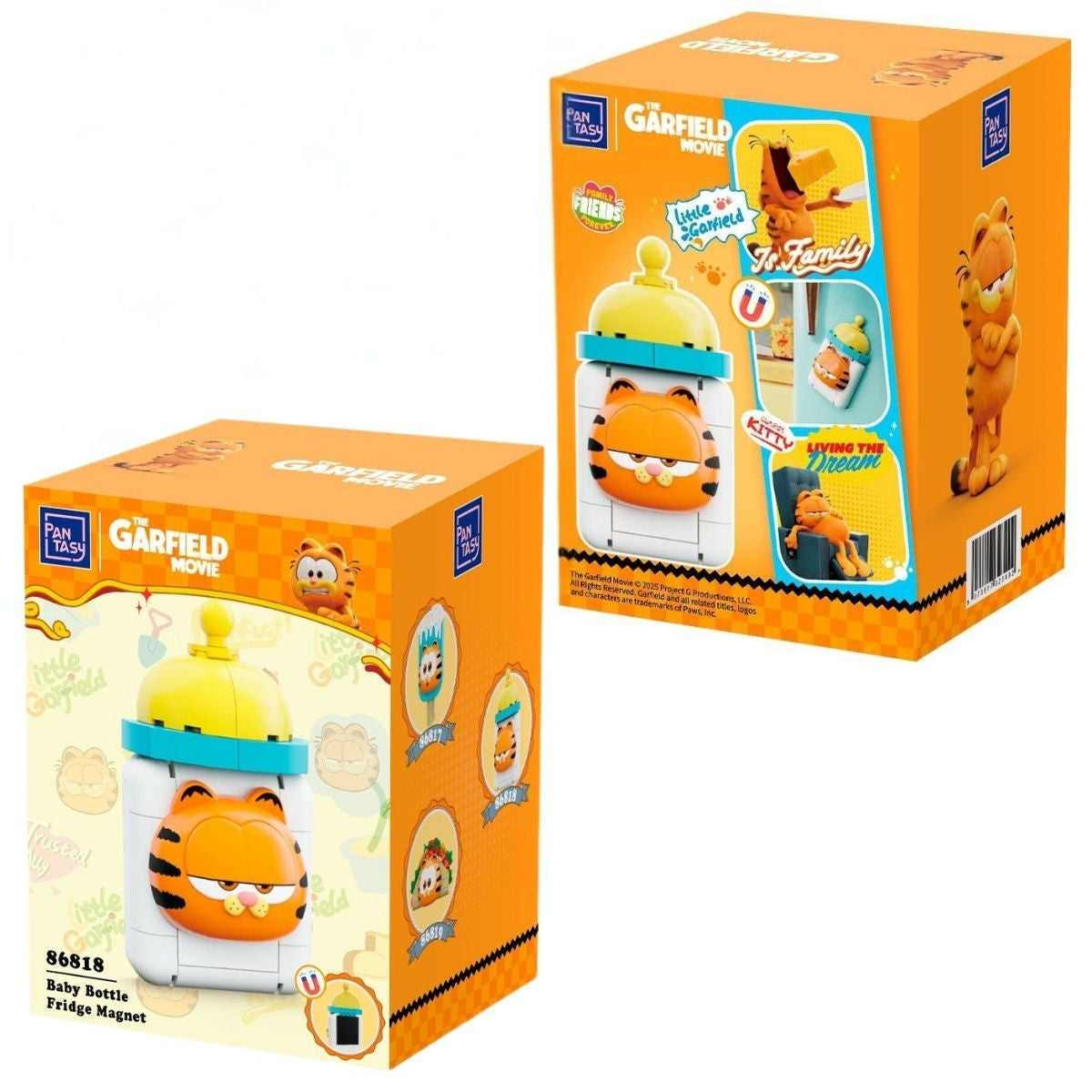 The Pantasy Garfield baby bottle fridge magnet building block set displayed next to its official orange movie packaging box.