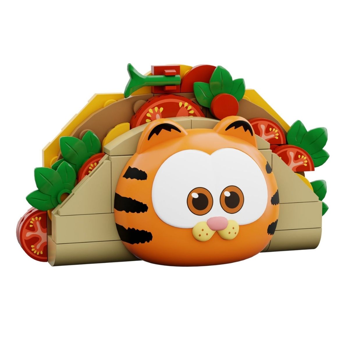 Angled view of the 47-piece Pantasy Garfield taco magnet showing the brick-built lettuce and tomato details.