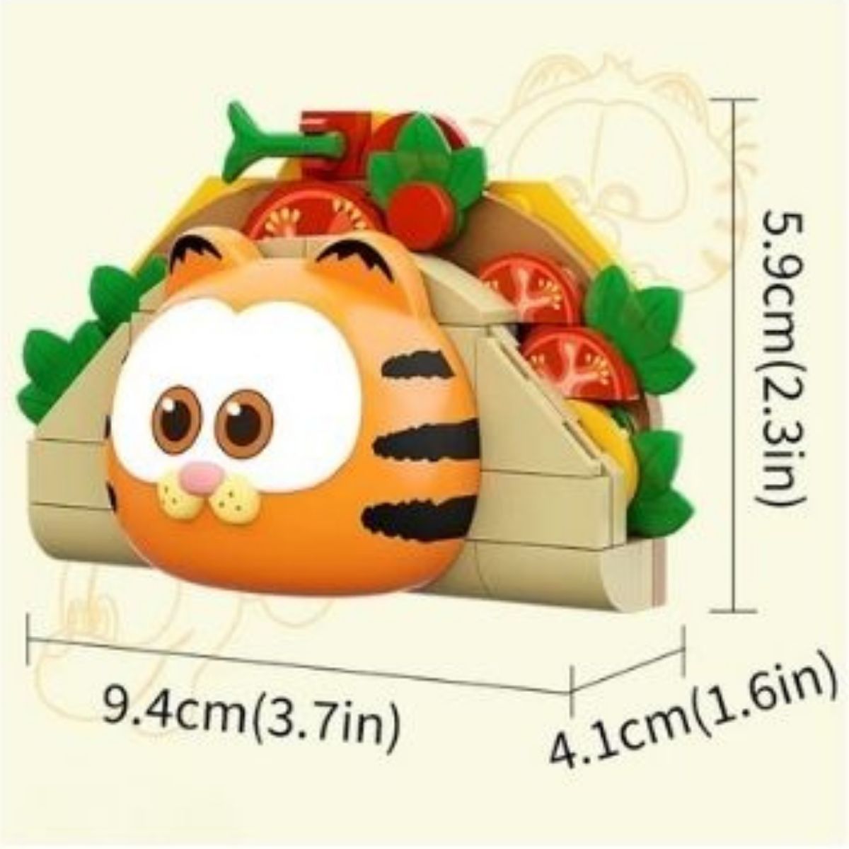 Dimension graphic for the Pantasy Garfield taco magnet set showing it is 9.4cm wide, 5.9cm tall, and 4.1cm deep.