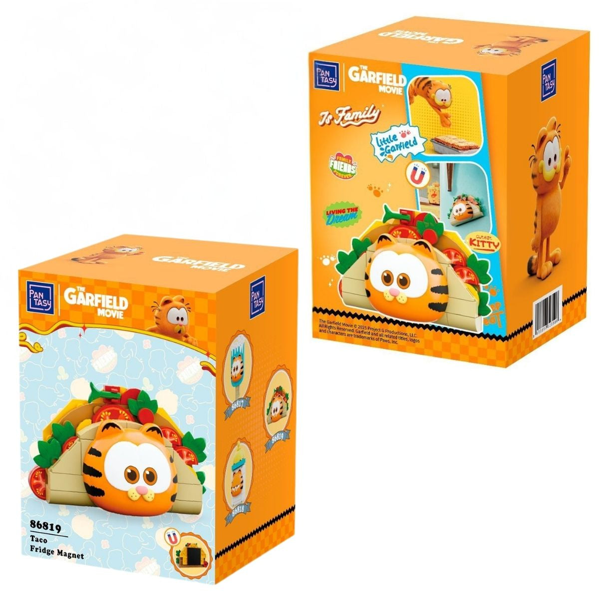 The Pantasy Garfield taco fridge magnet building block set displayed next to its official orange movie packaging boxes.