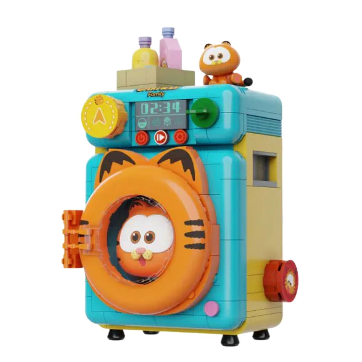 Side angle of the assembled Pantasy Garfield mini-figure with the retro washing machine.