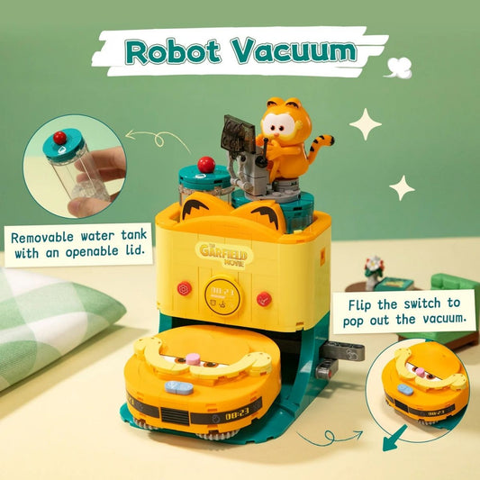 Graphic showing the removable water tank and the switch mechanism that pops out the robot vacuum on the Pantasy Garfield set.
