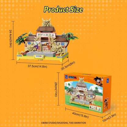Measurement chart comparing a toy building set and its packaging on an orange background.