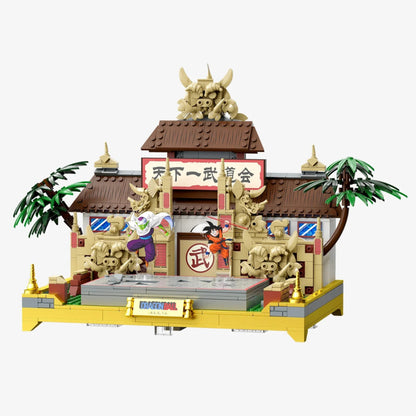 Toy building set with characters and architecture on a white background