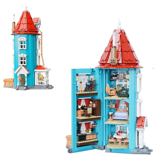 Two views of the Moomin House block set, showing the exterior closed and the hinged walls open to reveal the highly detailed interior rooms.