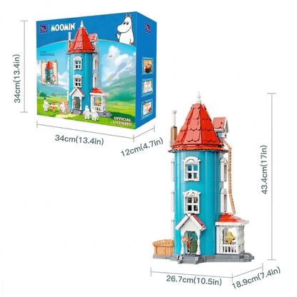 Blue retail packaging box and dimension graphics for the 1800-piece Pantasy Moomin House #87201 building set.