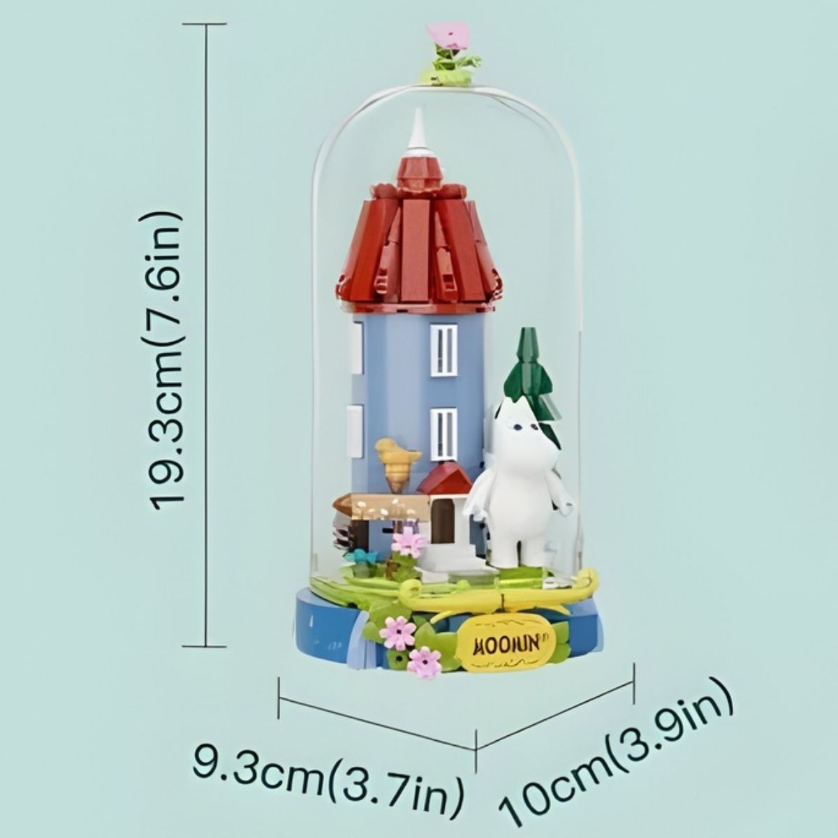 Dimension graphic for the Pantasy Spring of Moominvalley set showing the dome is 19.3cm tall, 9.3cm wide, and 10cm deep.