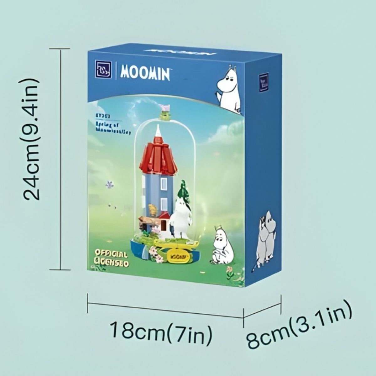 The blue official packaging box for the 268-piece Pantasy Spring of Moominvalley building block set showing its dimensions.