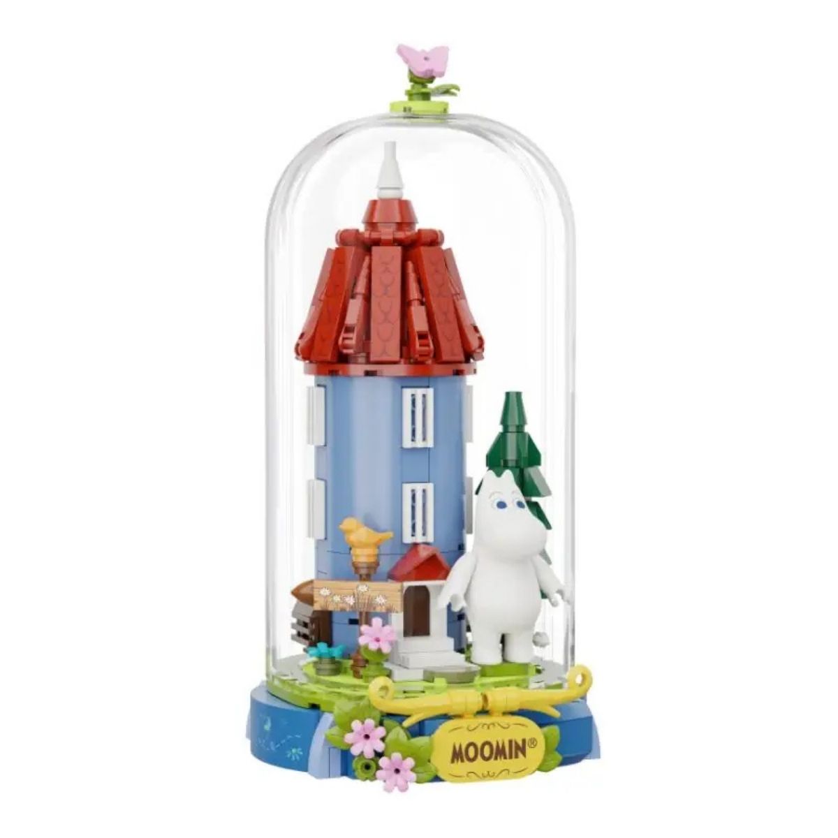 The fully assembled Pantasy Moomin Spring of Moominvalley building block set enclosed in a clear display dome.