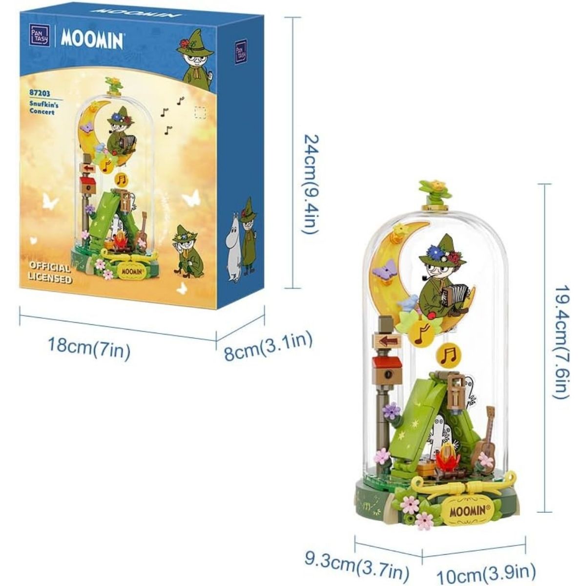 Dimension graphic for the Pantasy Moomin Snufkin set showing the dome is 19.4cm tall and 9.3cm wide.