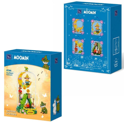 The blue official packaging boxes for the 221-piece Pantasy Moomin Snufkin's Concert building block set.