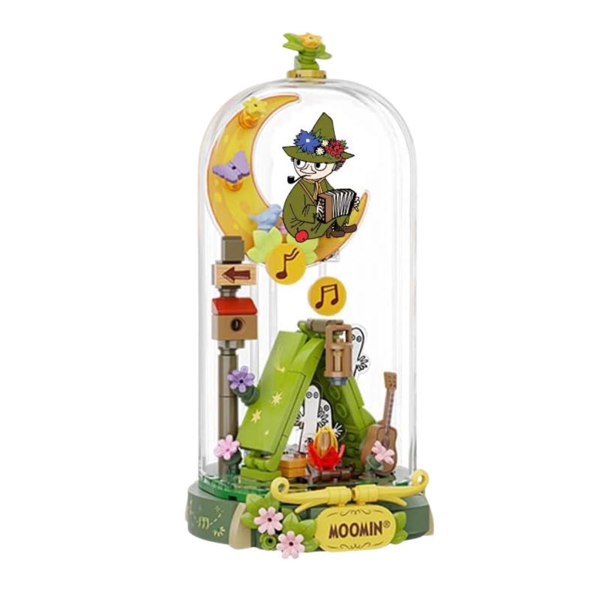 The fully assembled Pantasy Moomin Snufkin's Concert building block set enclosed in a clear display dome.