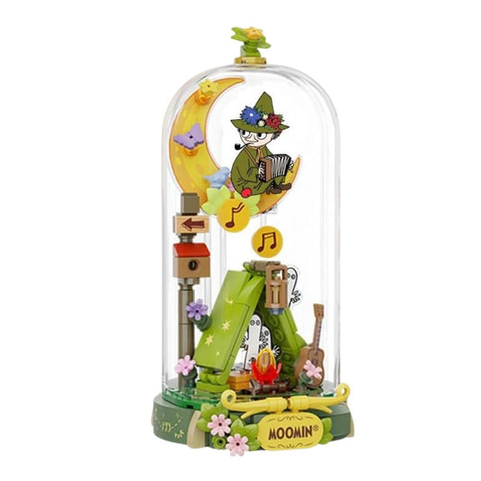 The fully assembled Pantasy Moomin Snufkin's Concert building block set enclosed in a clear display dome.