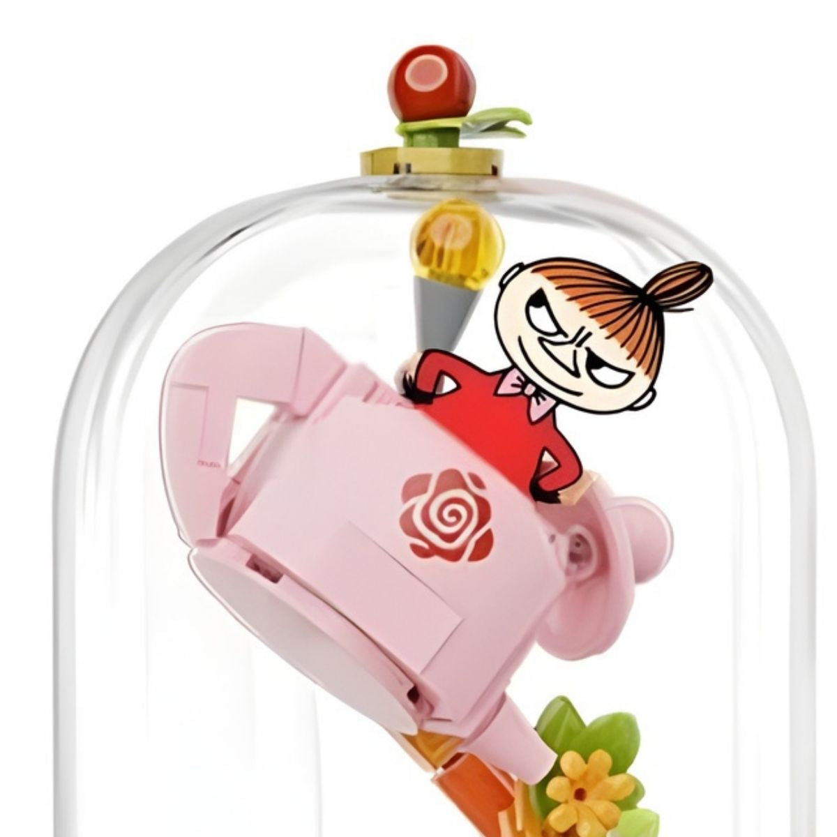 Close-up of the sculpted Little My figure sitting inside a giant pink teacup in the Pantasy building set.