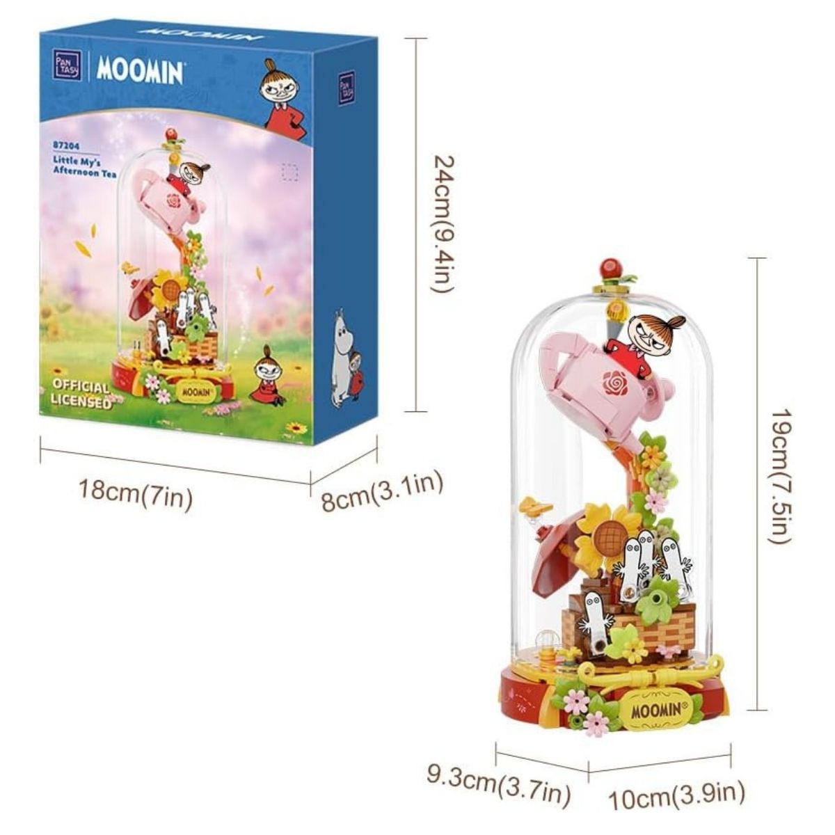 Dimension graphic for the Pantasy Little My's Afternoon Tea set showing the dome is 19cm tall, next to its official blue packaging box.