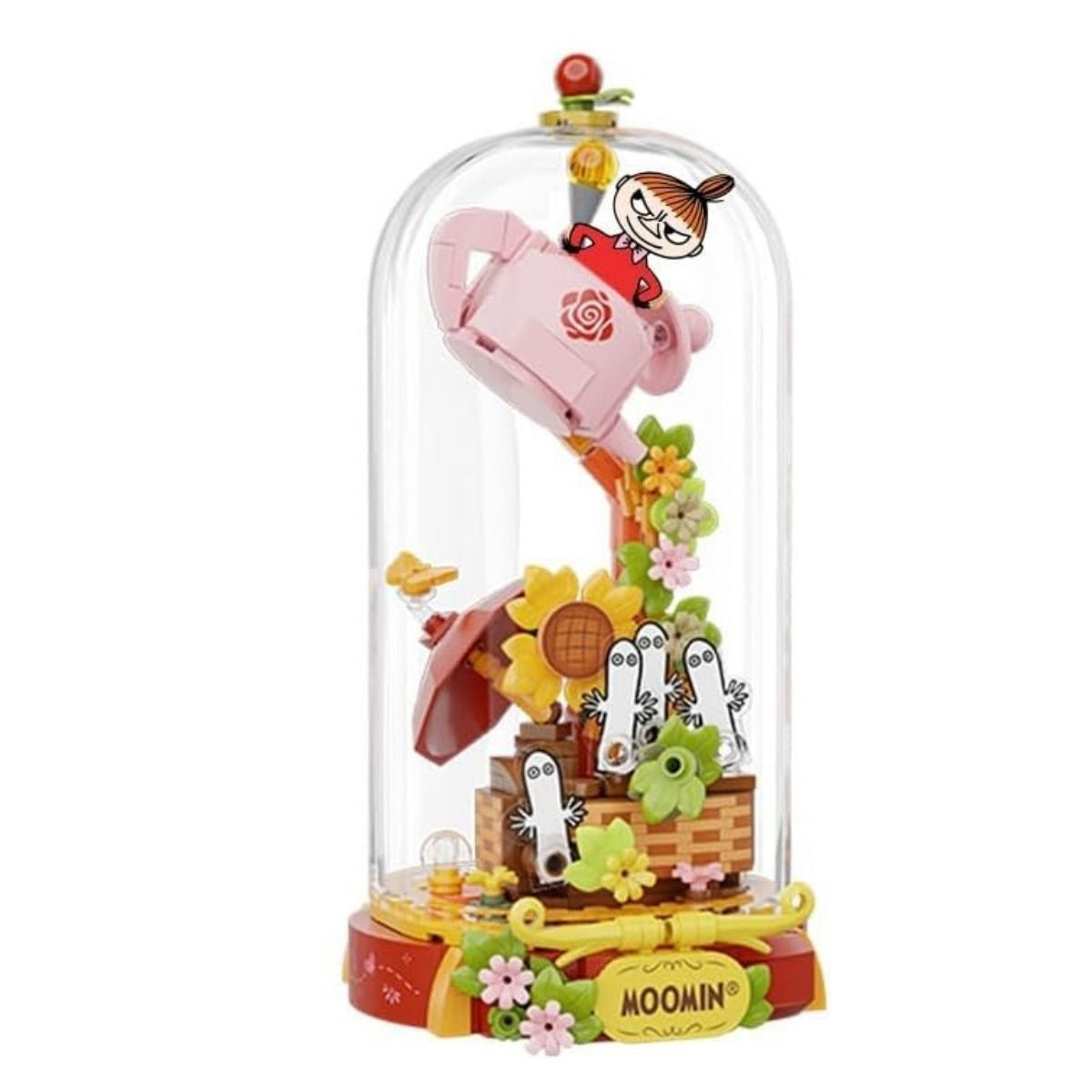 The fully assembled Pantasy Moomin Little My's Afternoon Tea building block set enclosed in a clear display dome.