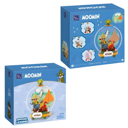 Front and angled views of the blue retail packaging boxes for the Pantasy Moomin Snufkin's Adventure 86-piece building block kit.