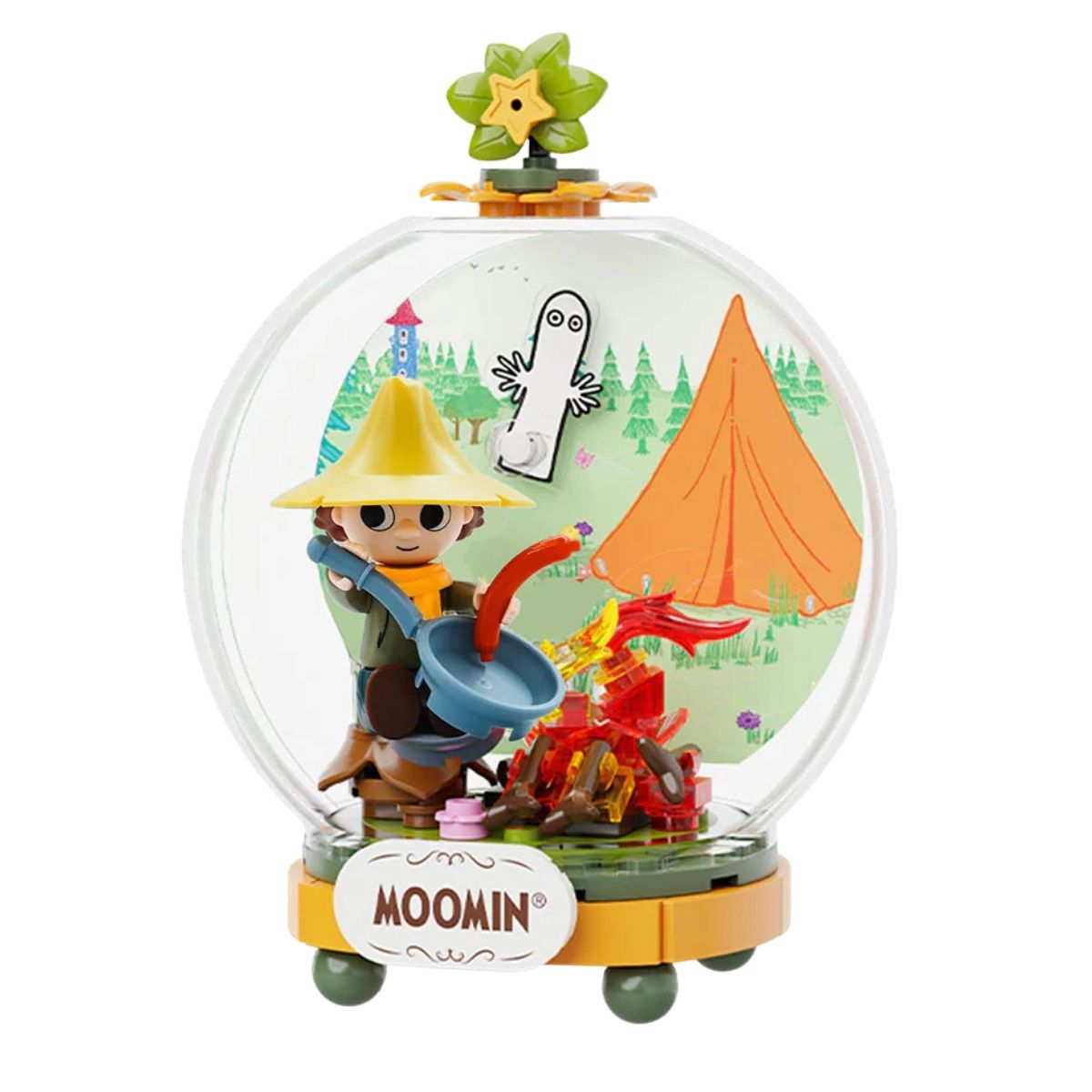 Completed Pantasy Moomin Snufkin's Adventure building block set featuring Snufkin cooking at a campsite inside a clear display dome.