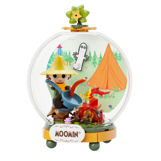 Completed Pantasy Moomin Snufkin's Adventure building block set featuring Snufkin cooking at a campsite inside a clear display dome.