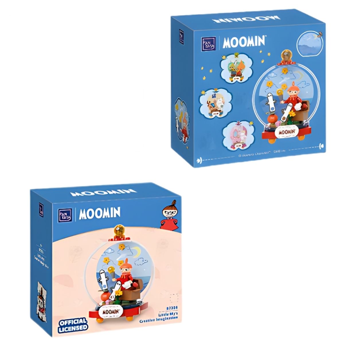 Front and angled views of the blue retail packaging boxes for the Pantasy Moomin Little My 83-piece building block kit.