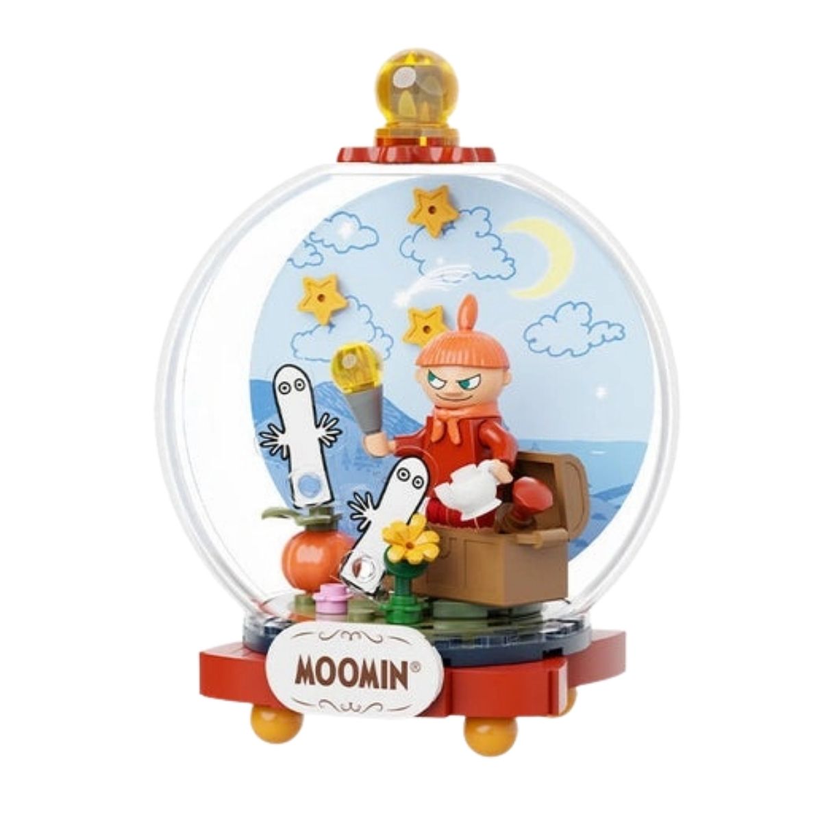 Completed Pantasy Moomin Little My's Creative Imagination building block set inside a clear display dome featuring stars and Hattifatteners.