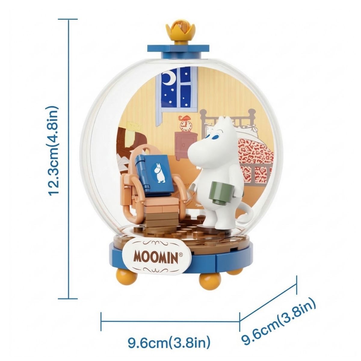 Dimensions graphic for the Pantasy Moomin Leisurely Time building block set indicating it measures 4.8 inches tall, 3.8 inches wide, and 3.8 inches deep.