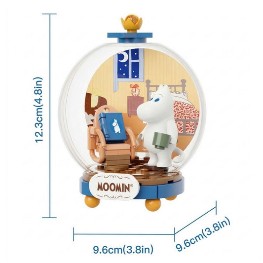 Dimensions graphic for the Pantasy Moomin Leisurely Time building block set indicating it measures 4.8 inches tall, 3.8 inches wide, and 3.8 inches deep.
