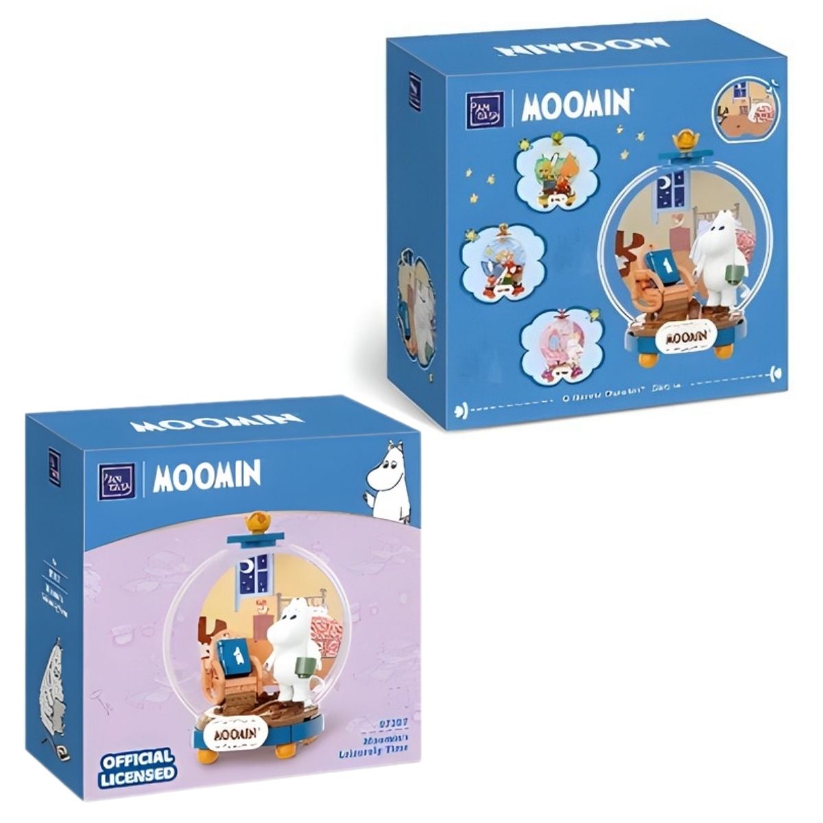 Front and angled views of the purple and blue retail packaging boxes for the Pantasy Moomin Leisurely Time 73-piece building block kit.