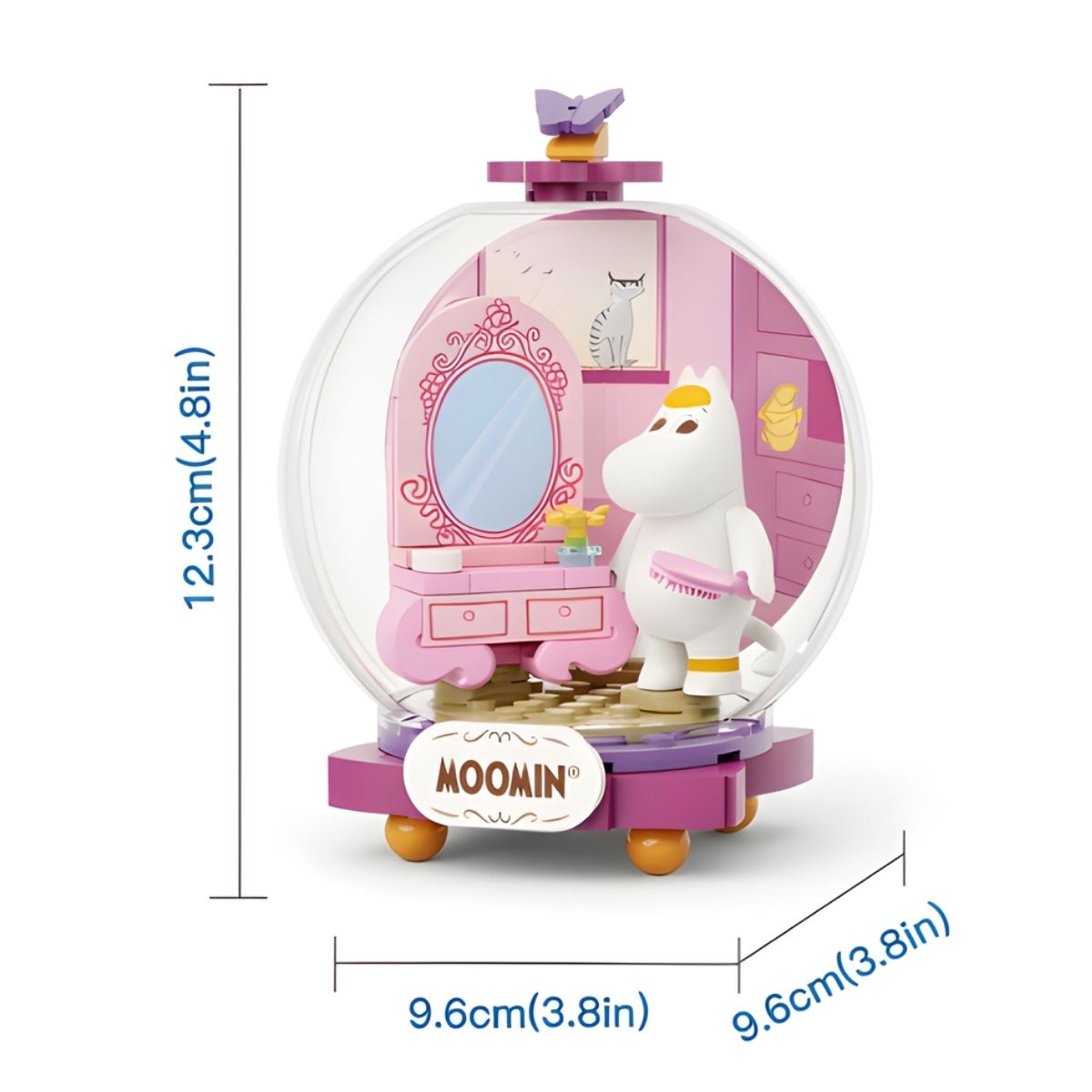 Dimensions graphic for the Pantasy Snorkmaiden's Dresser building block set indicating it measures 4.8 inches tall, 3.8 inches wide, and 3.8 inches deep.