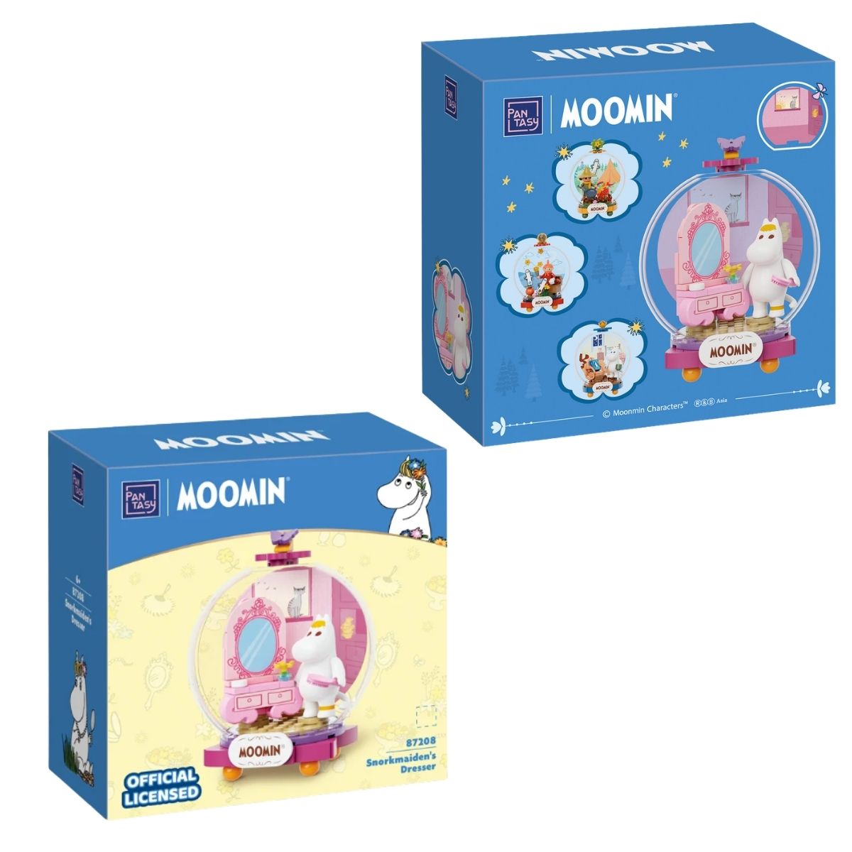 Front and angled views of the blue retail packaging boxes for the Pantasy Moomin Snorkmaiden's Dresser 84-piece building block kit.