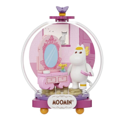 Completed Pantasy Moomin Snorkmaiden's Dresser building block set featuring Snorkmaiden at a pink vanity inside a clear display dome.