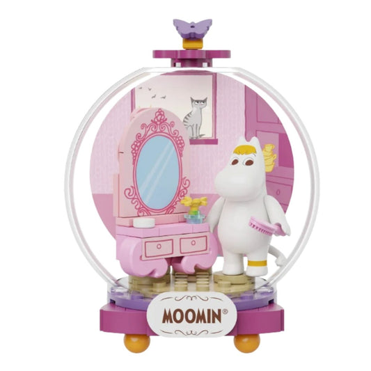 Completed Pantasy Moomin Snorkmaiden's Dresser building block set featuring Snorkmaiden at a pink vanity inside a clear display dome.