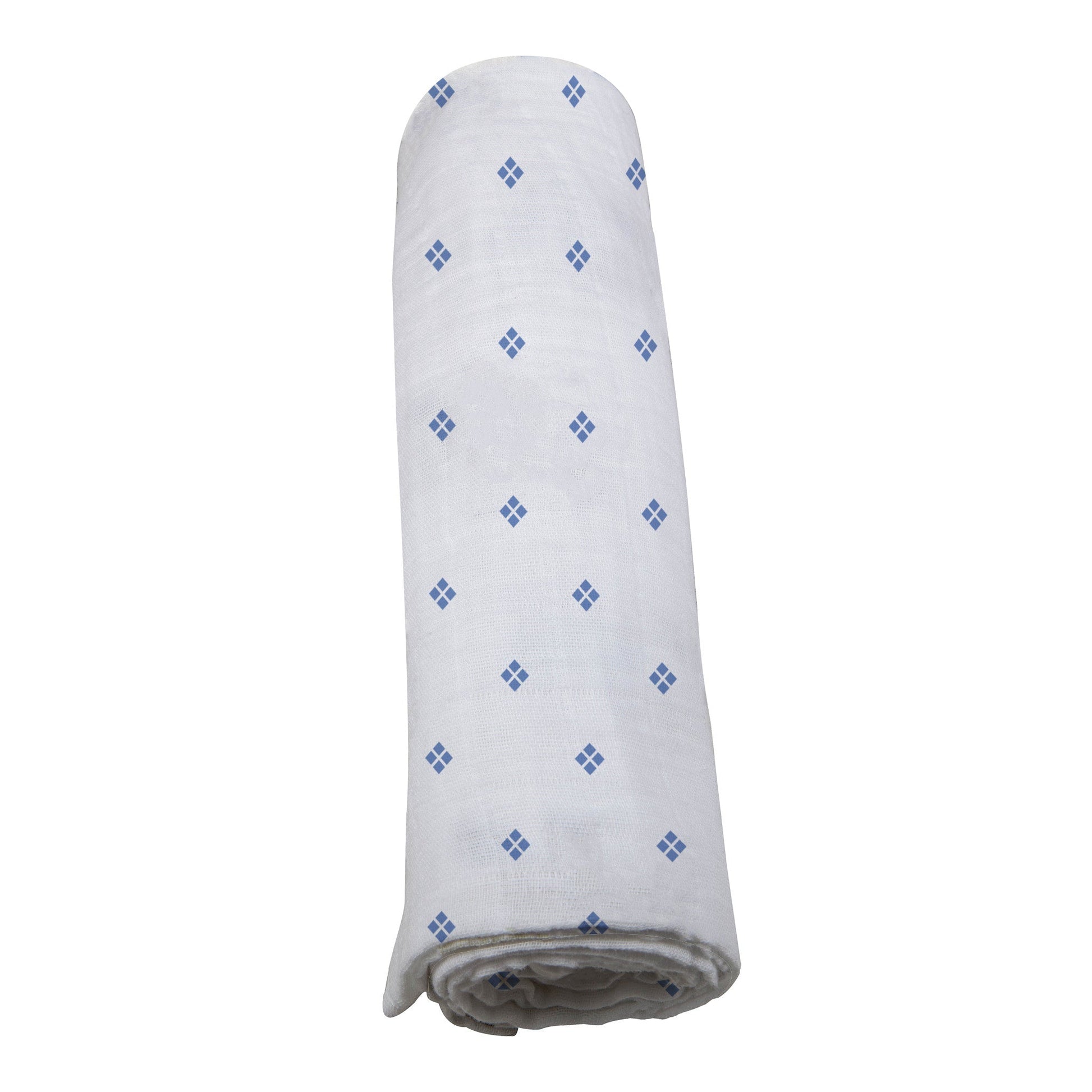 Straight view of the Periwinkle Diamond Polka Dot bamboo muslin swaddle blanket neatly rolled and standing upright.