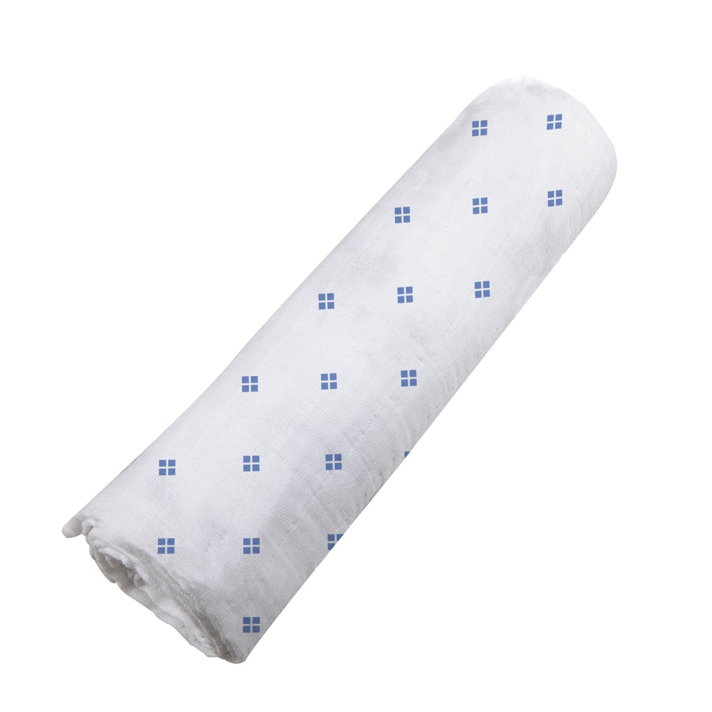 Angled view of the Periwinkle Diamond Polka Dot swaddle blanket neatly rolled up.