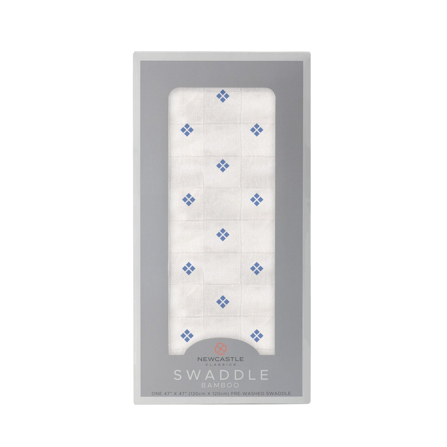 Straight front view of the packaged Periwinkle Diamond Polka Dot swaddle blanket in a dark grey Newcastle Classics box.