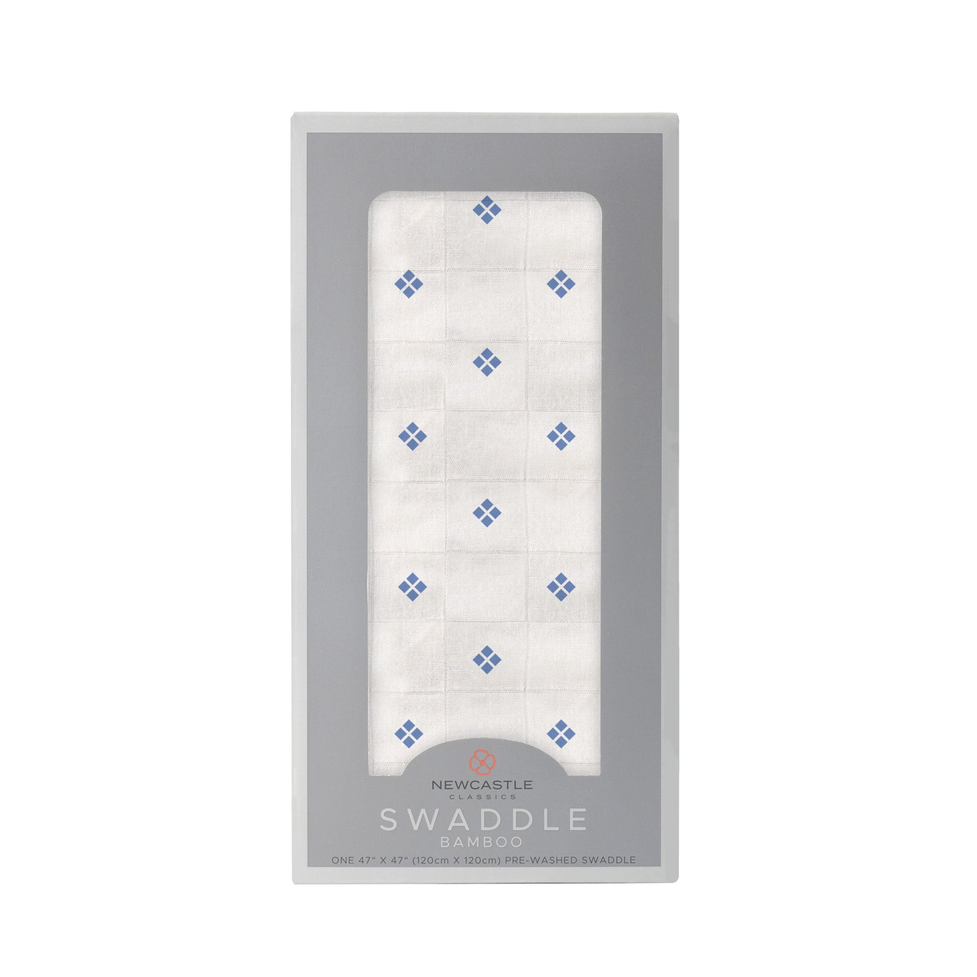 Straight front view of the packaged Periwinkle Diamond Polka Dot swaddle blanket in a dark grey Newcastle Classics box.