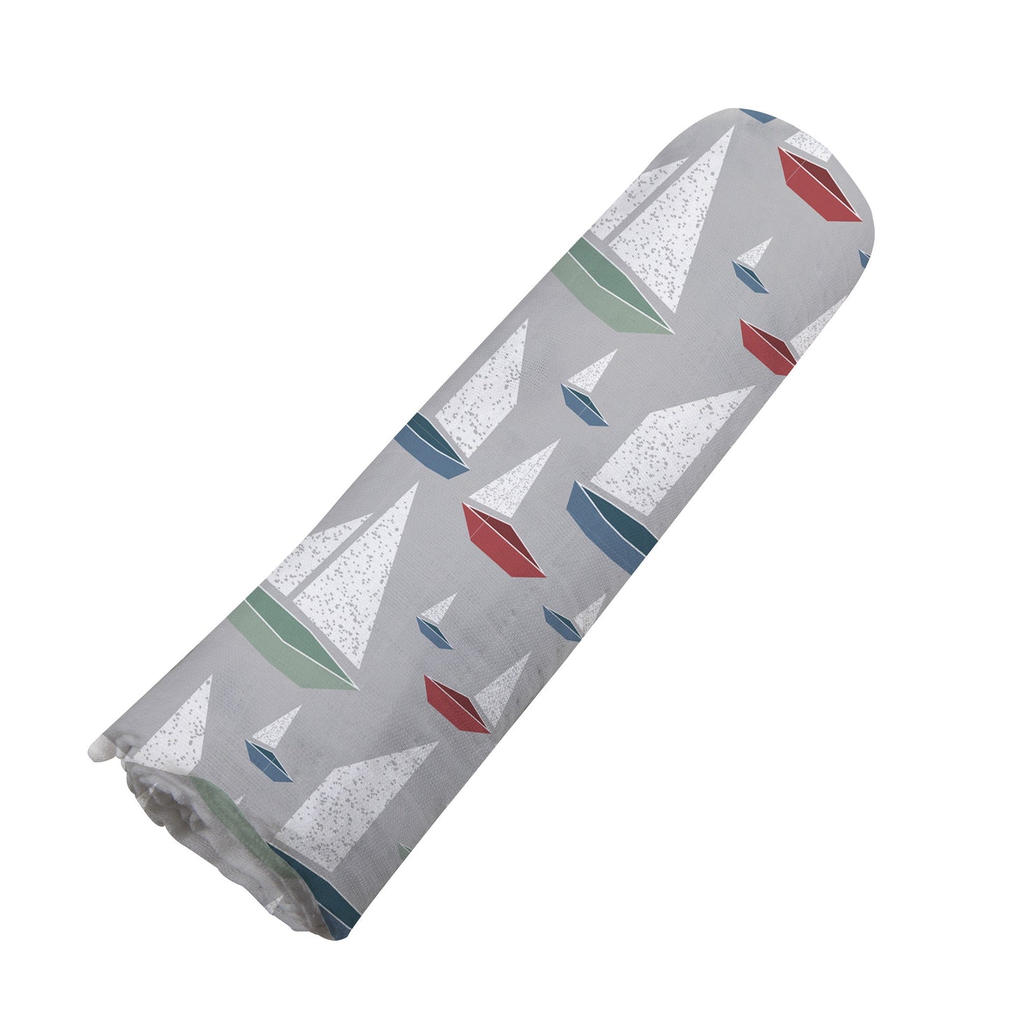 Angled view of the Marina Sailboats bamboo muslin swaddle blanket neatly rolled up into a cylinder.