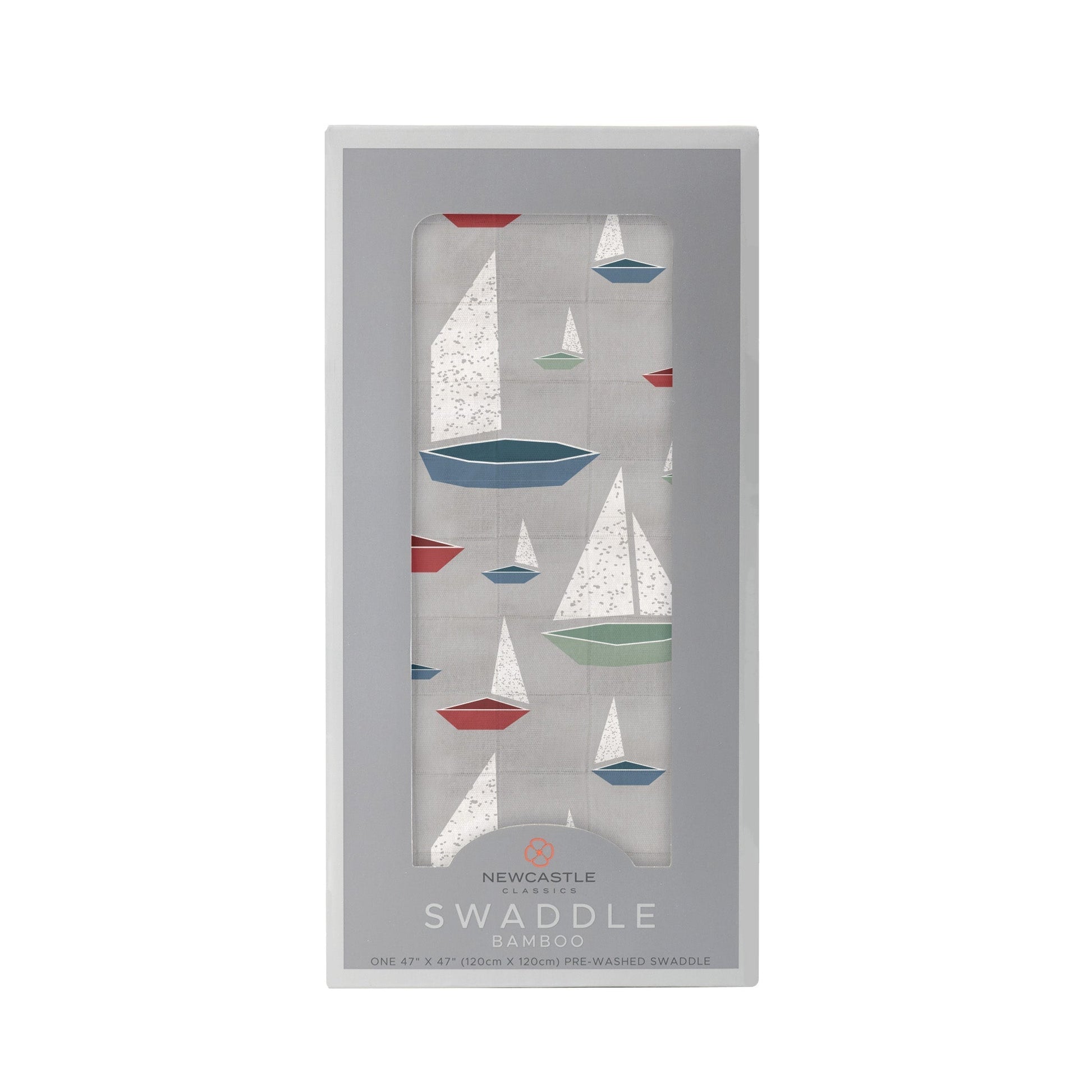 Straight front view of the packaged Marina Sailboats baby swaddle blanket inside a grey Newcastle Classics display box.