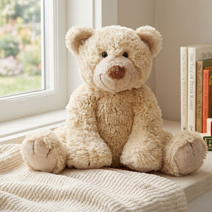 Happy Horse Bear Boogy plush teddy bear sitting on a cozy blanket near a bright window and classic books.