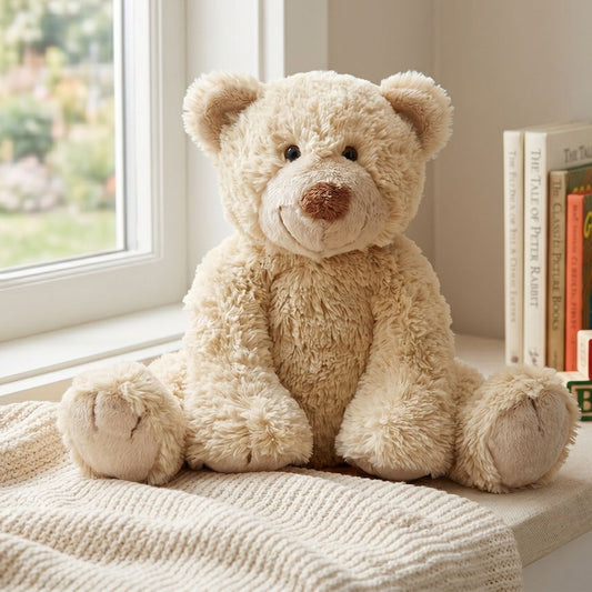 Happy Horse Bear Boogy plush teddy bear sitting on a cozy blanket near a bright window and classic books.